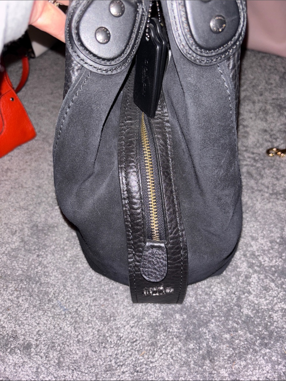 Coach Black Suede Shoulder Bag with Gold-Tone Zip